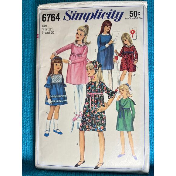 Simplicity 6764 pattern girls dress fit and flare ruffle sleeve 1960s size 12 - Picture 1 of 5